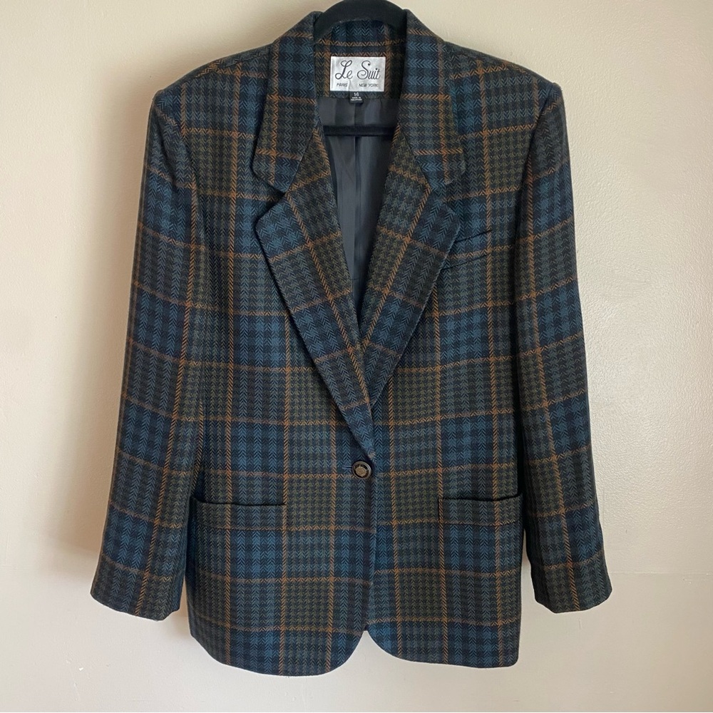 Le Suit 90s plaid lined blazer in black, blue, light brown, 14